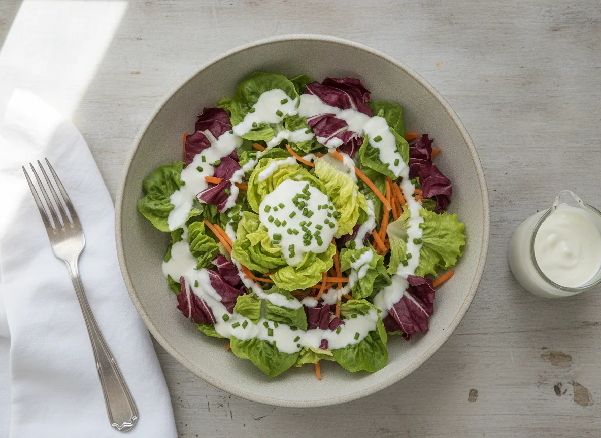 Gemischter Blattsalat mit Karotten und Joghurtdressing photo