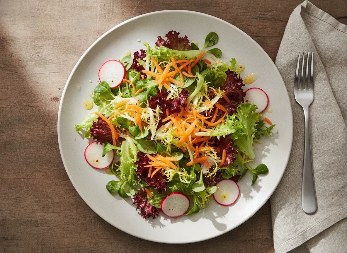 Gemischter Blattsalat mit Karotten und Radieschen photo