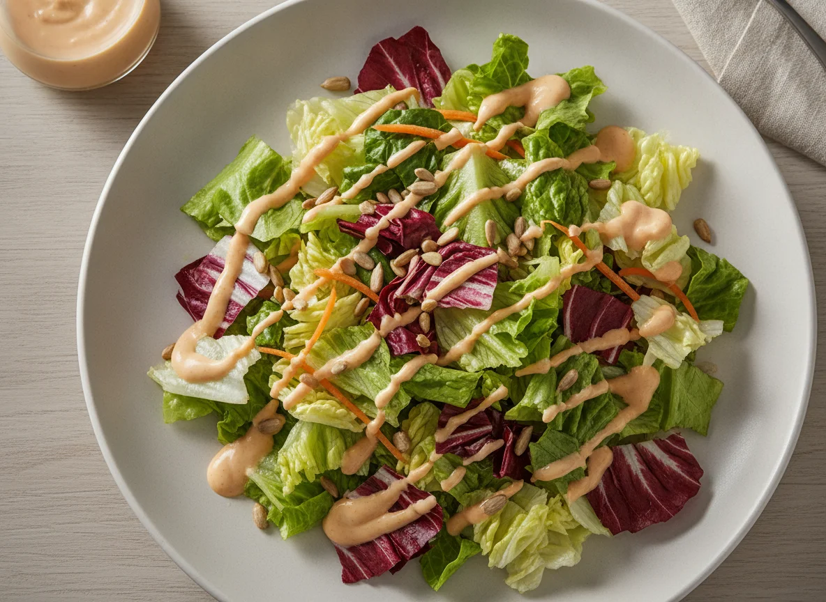 Gemischter Blattsalat mit Kernen und Dressing photo