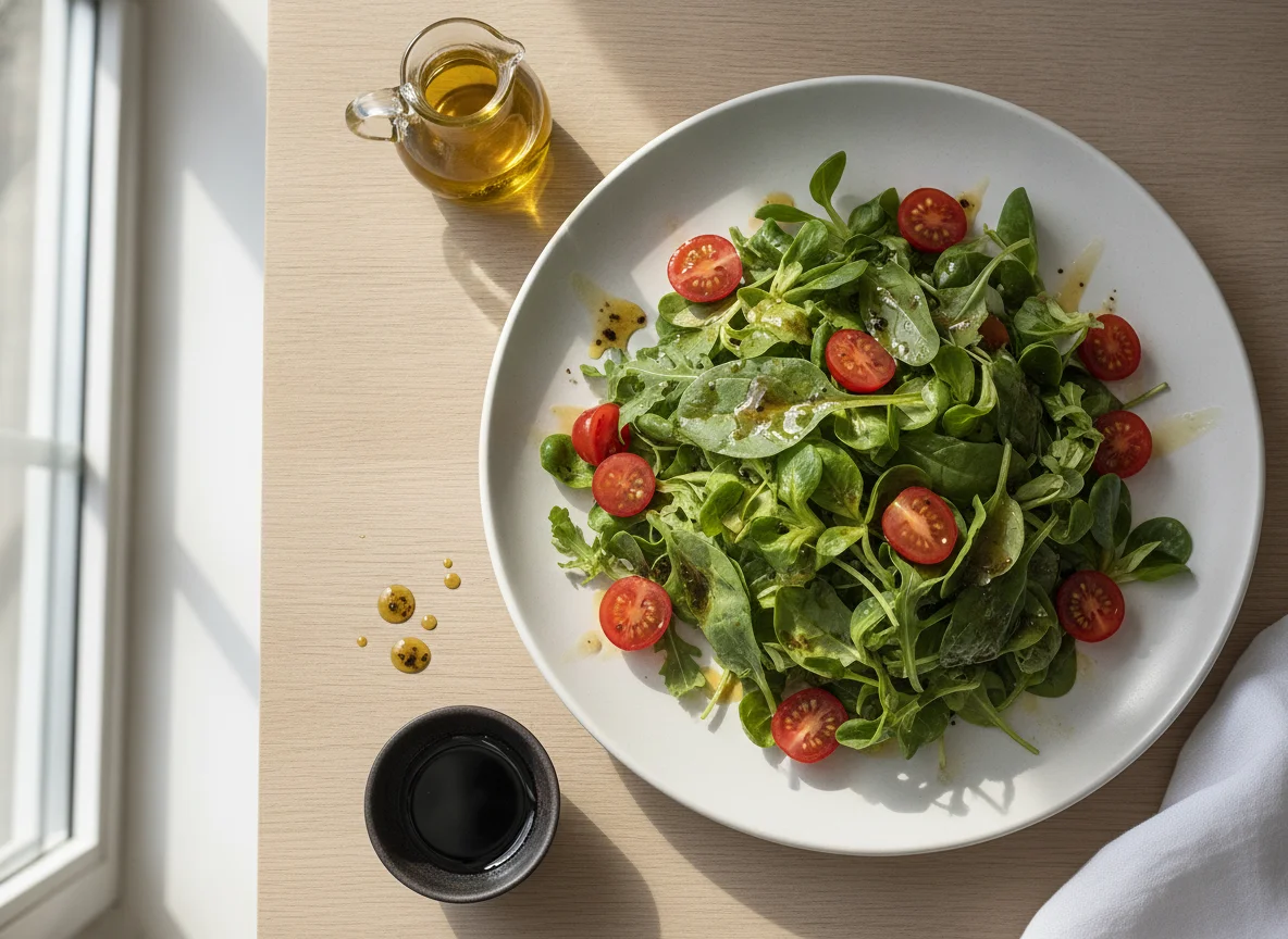 Gemischter Blattsalat mit Kirschtomaten und Balsamico-Dressing photo