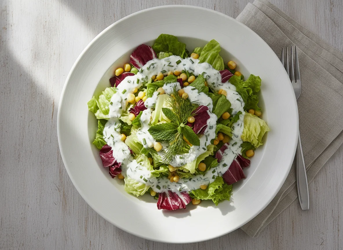 Gemischter Blattsalat mit Mais und Dressing photo