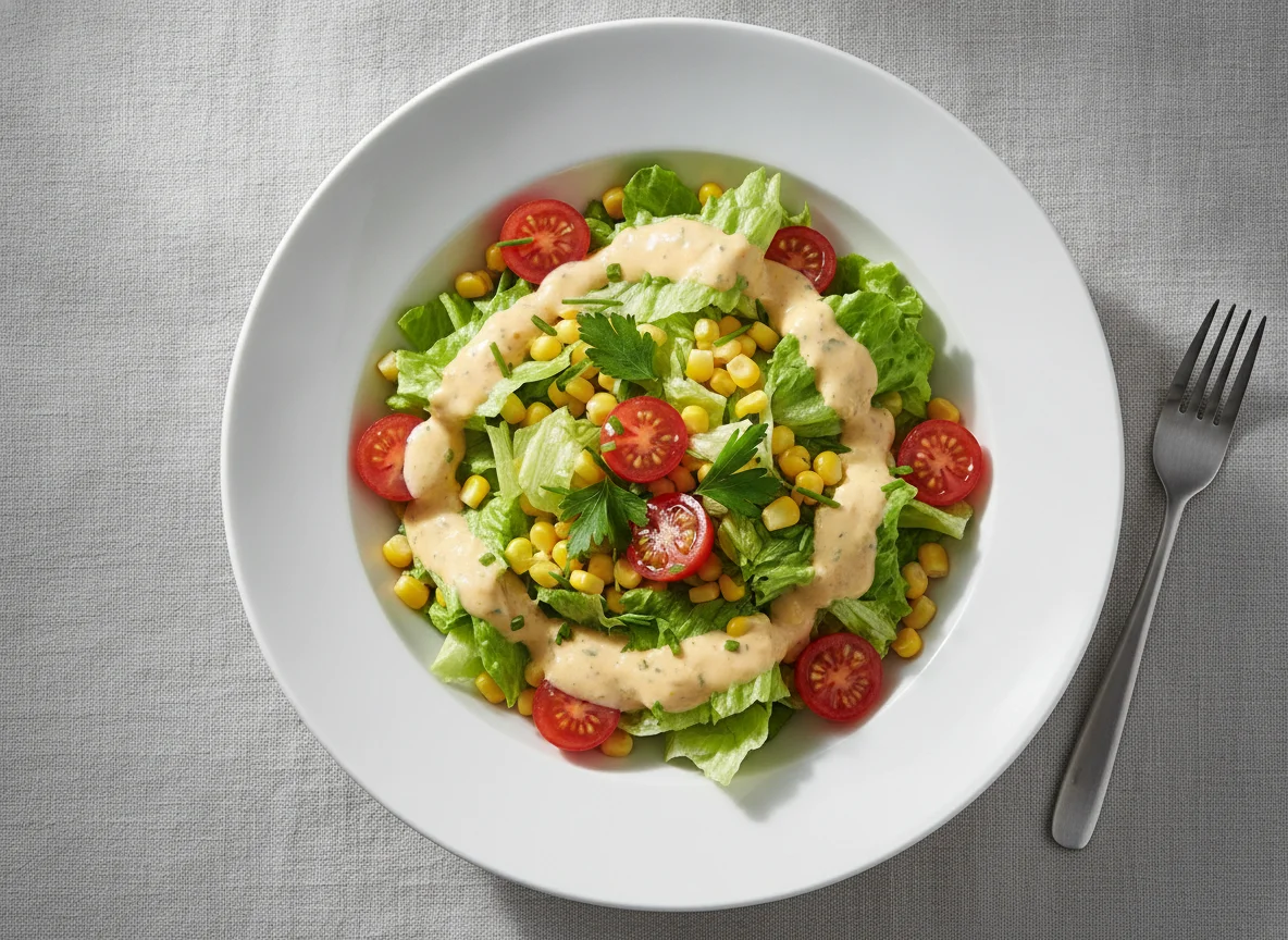Gemischter Blattsalat mit Mais und Tomaten photo
