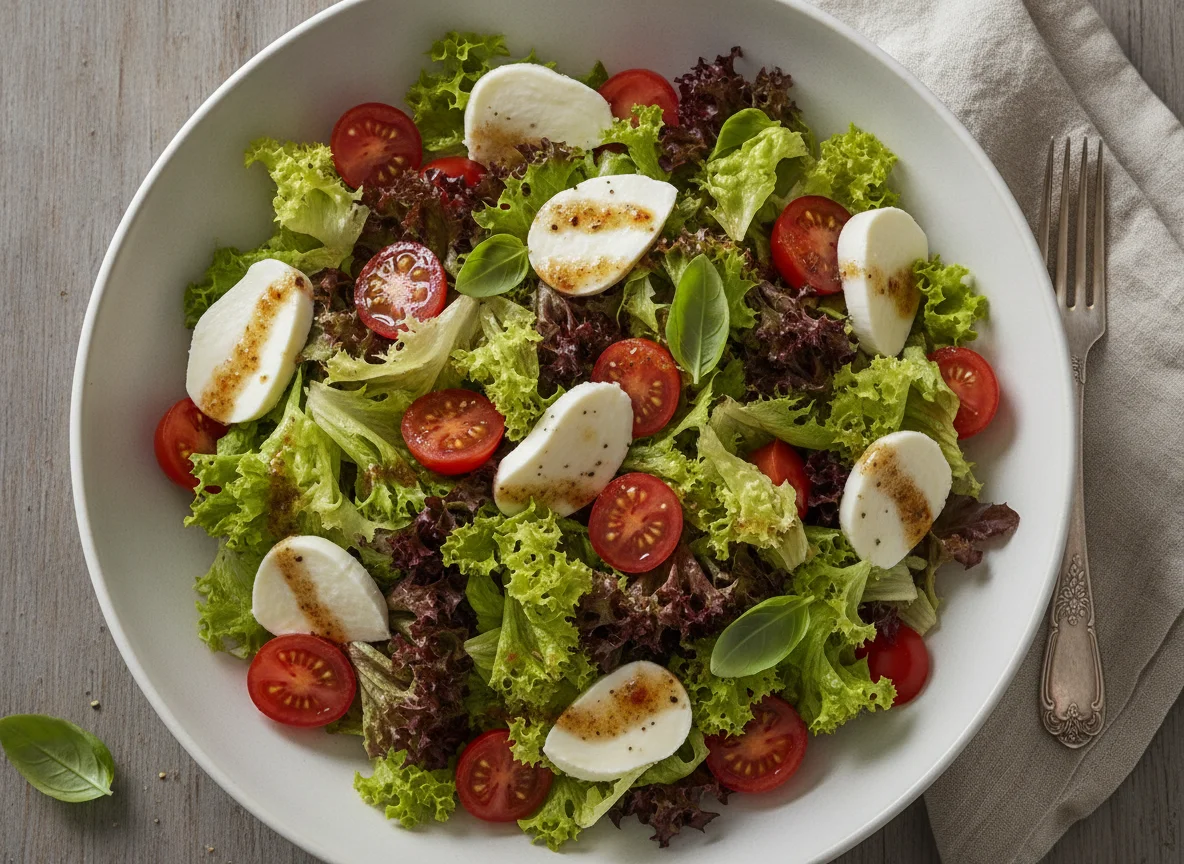 Gemischter Blattsalat mit Mozzarella und Tomaten photo