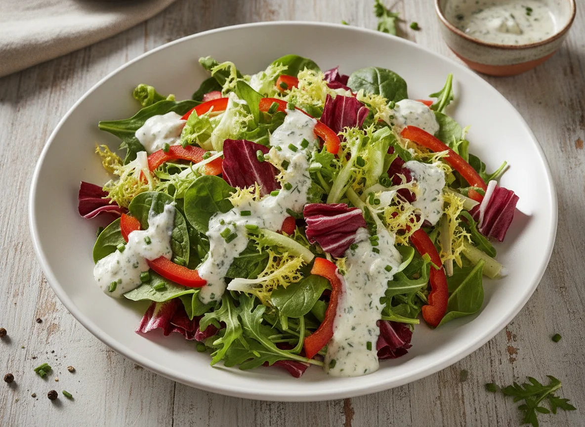 Gemischter Blattsalat mit Paprika und Dressing photo