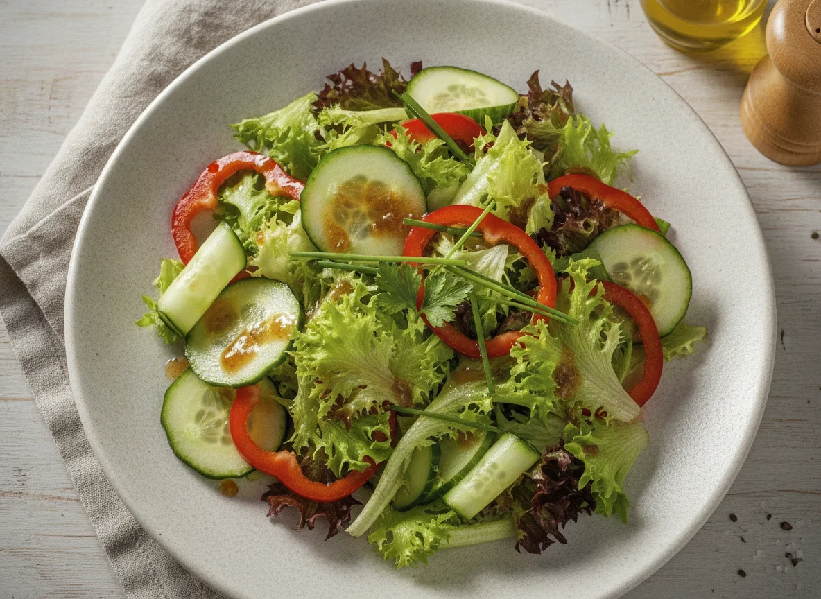 Gemischter Blattsalat mit Paprika und Gurke photo