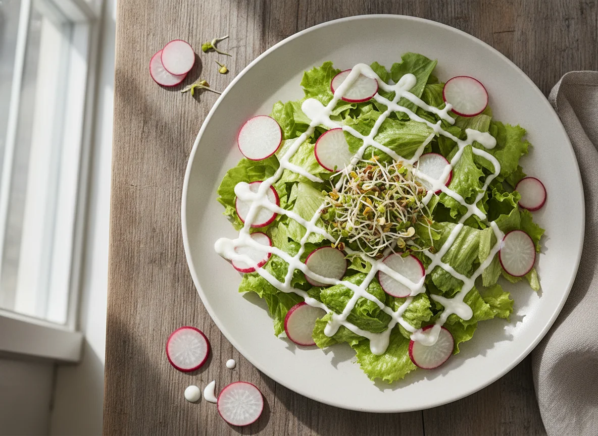 Gemischter Blattsalat mit Radieschen und Dressing photo