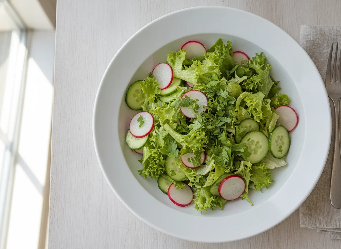 Gemischter Blattsalat mit Radieschen und Gurken photo