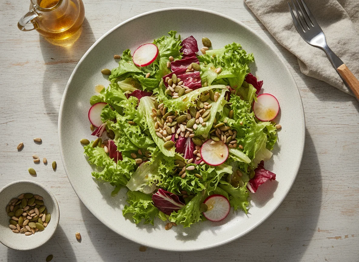 Gemischter Blattsalat mit Radieschen und Kernen photo