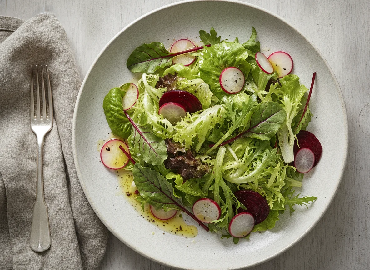 Gemischter Blattsalat mit Radieschen und Vinaigrette photo
