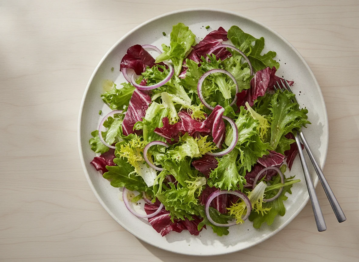 Gemischter Blattsalat mit roten Zwiebeln photo