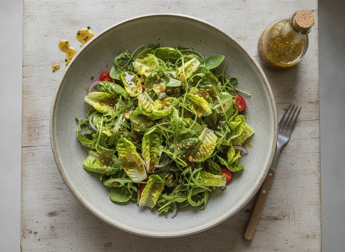 Gemischter Blattsalat mit Rucola und Dressing photo