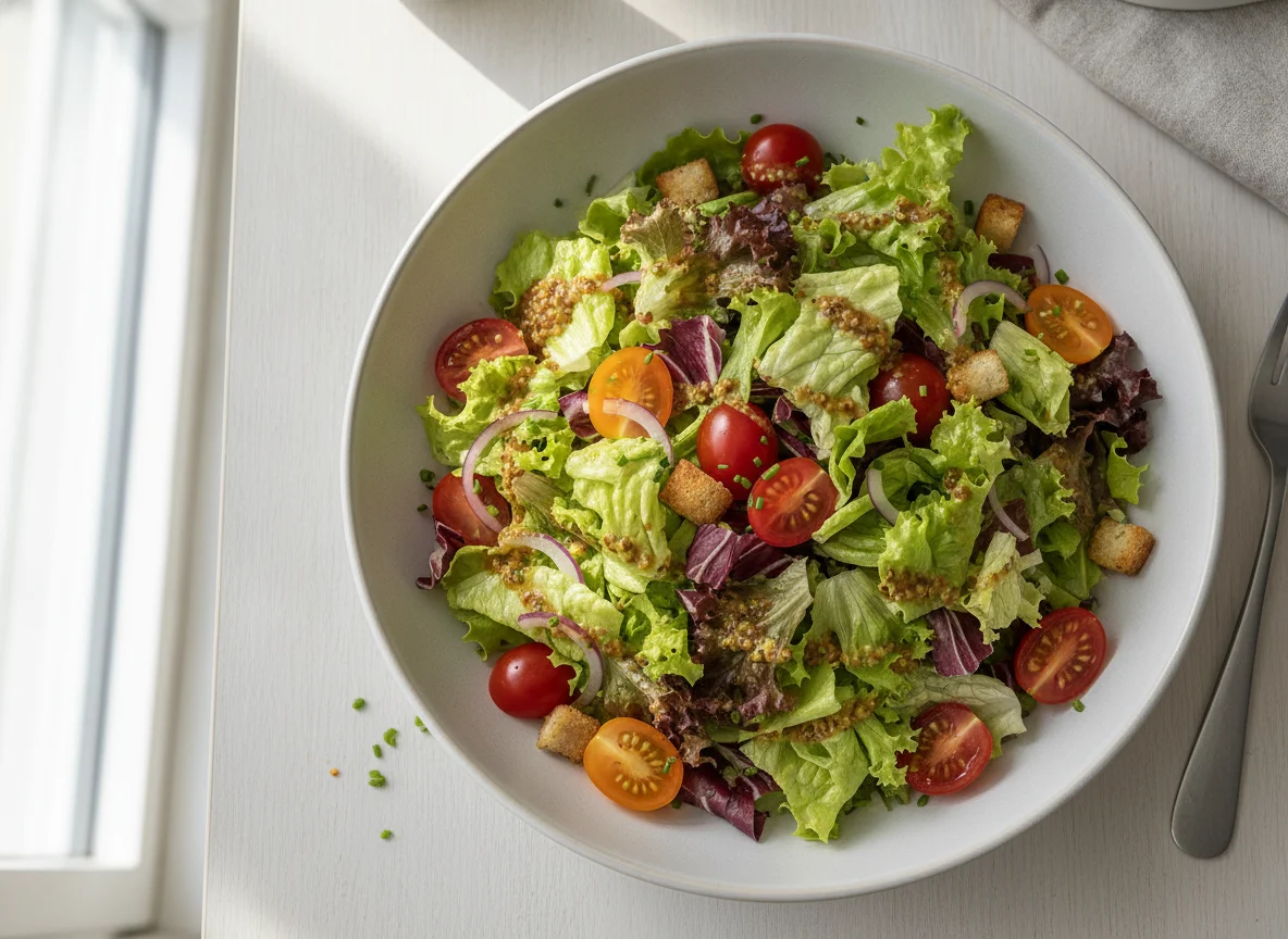 Gemischter Blattsalat mit Senf-Dressing photo