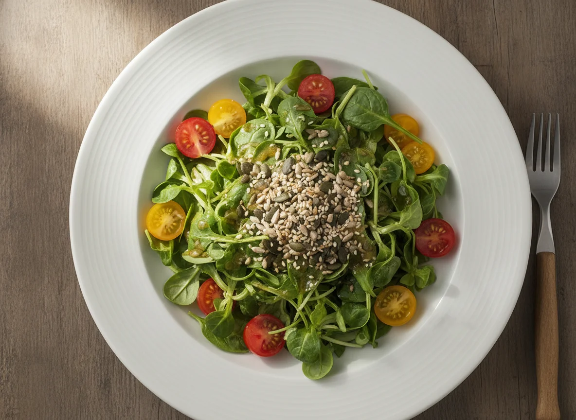 Gemischter Blattsalat mit Tomaten und Dressing photo