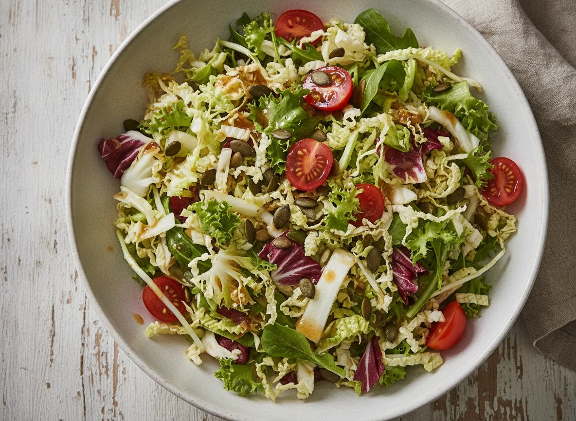 Gemischter Blattsalat mit Tomaten und Kernen photo