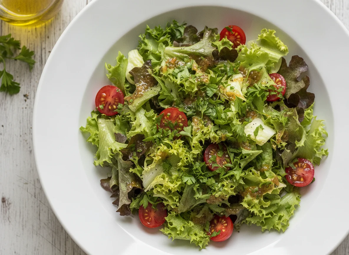 Gemischter Blattsalat mit Tomaten und Vinaigrette photo