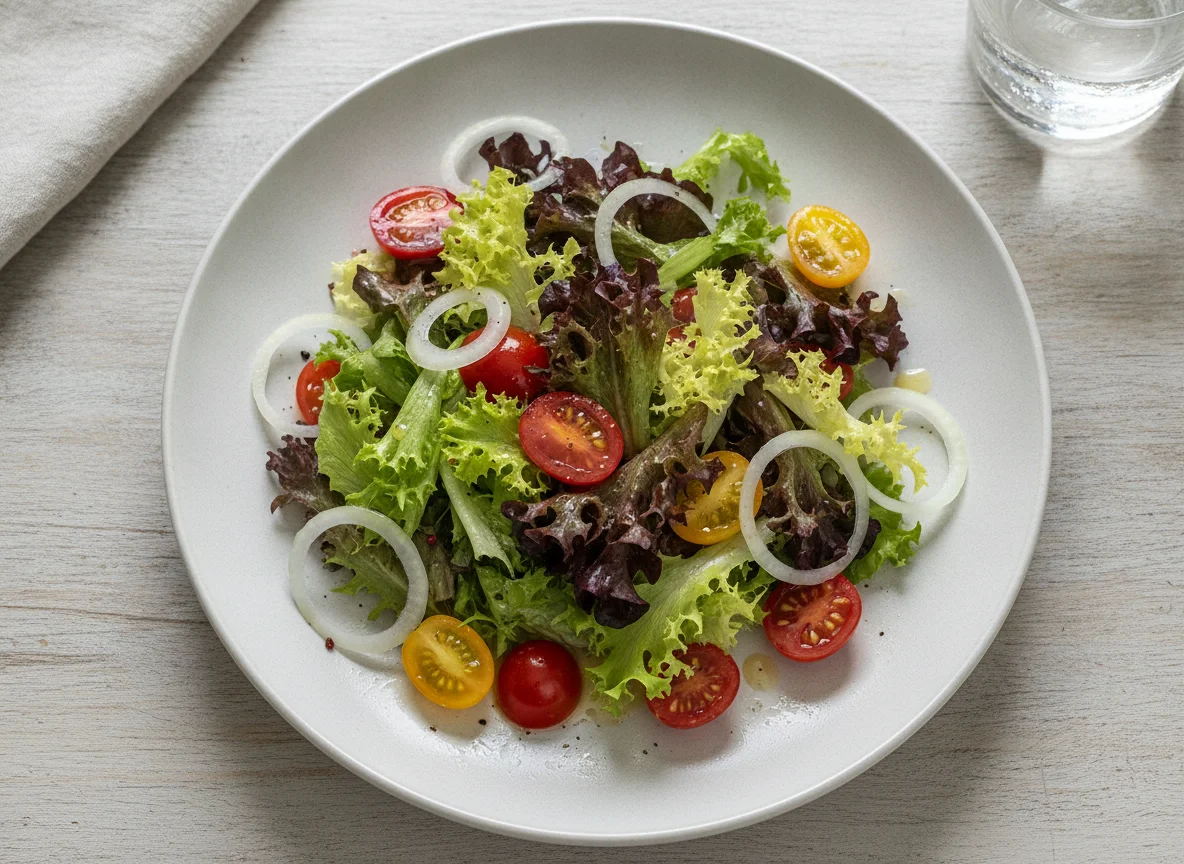 Gemischter Blattsalat mit Tomaten und Zwiebeln photo