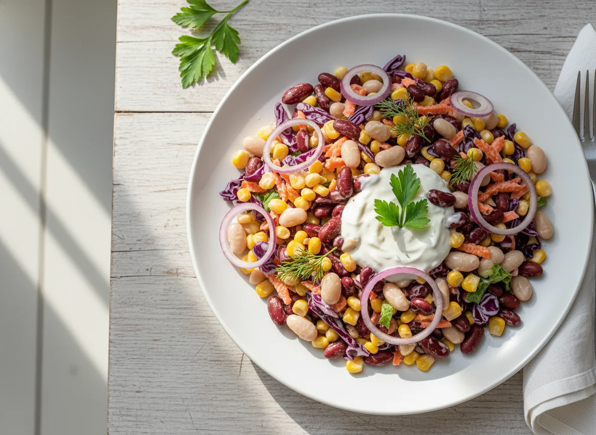 Gemischter Bohnen-Mais-Salat mit Zwiebeln photo