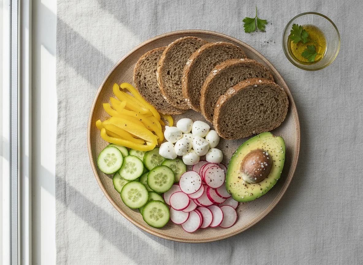Gemischter Brotteller mit Gemüse und Avocado photo