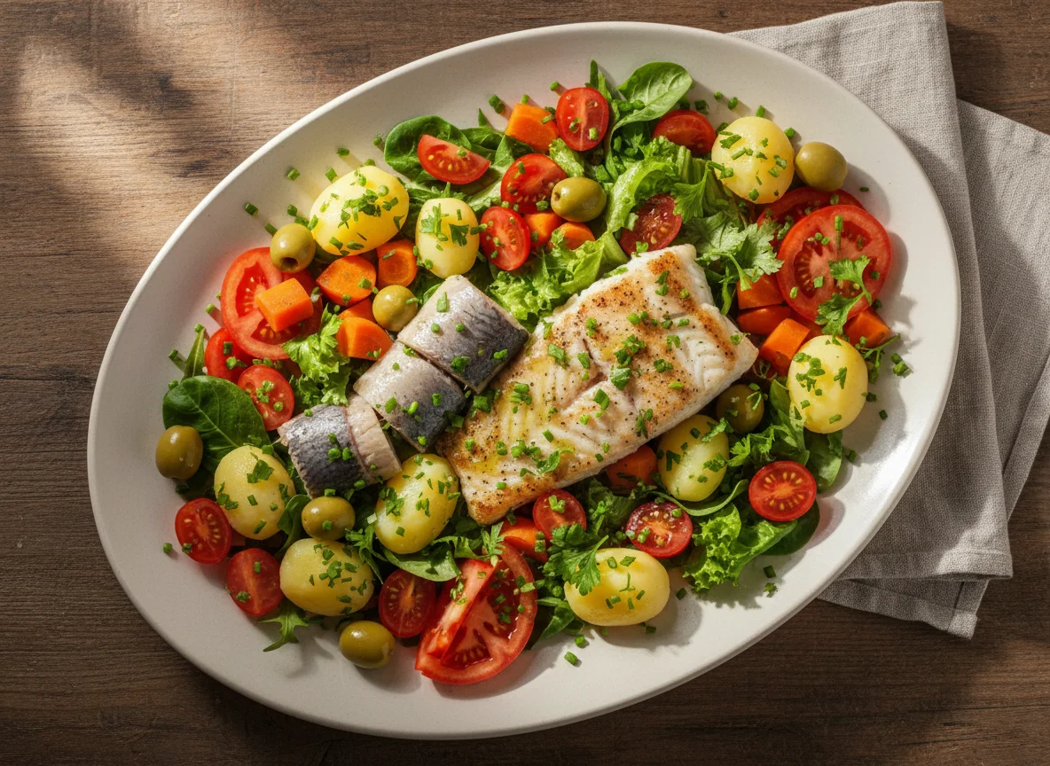 Gemischter Fischteller mit Gemüse und Oliven photo