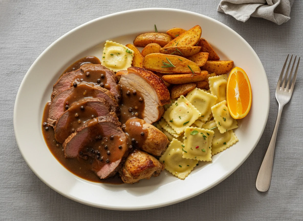 Gemischter Fleisch- und Pasta-Teller mit Kartoffelspalten photo