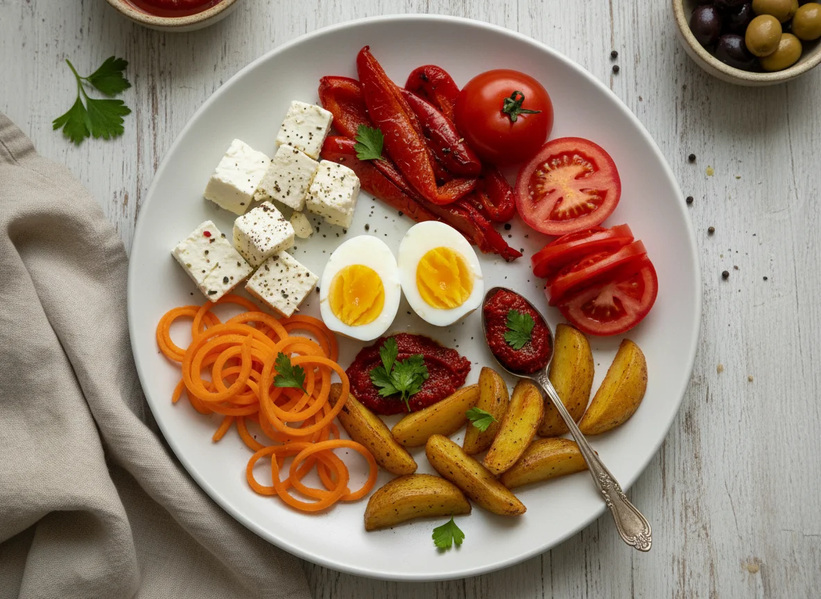 Gemischter Frühstücksteller mit Ei und Feta photo
