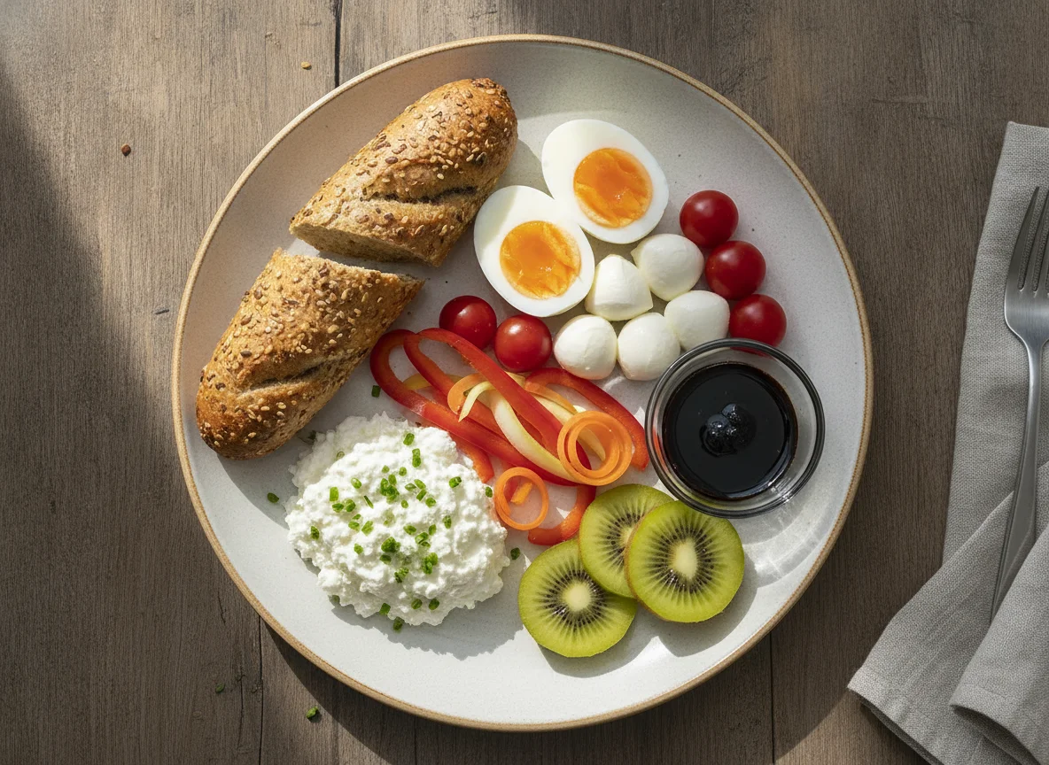 Gemischter Frühstücksteller mit Gebäck, Ei und Hüttenkäse photo