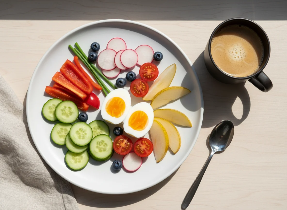 Gemischter Frühstücksteller mit Kaffee photo