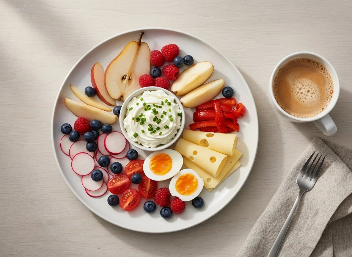 Gemischter Frühstücksteller mit Obst, Gemüse und Ei photo