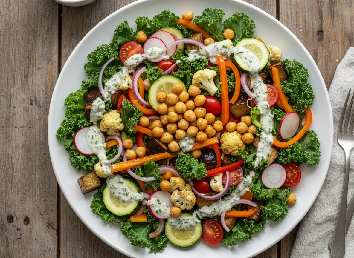 Gemischter Gemüsesalat mit Kichererbsen und Dressing photo
