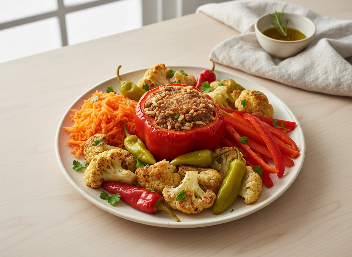 Gemischter Gemüseteller mit gefüllten Paprika photo