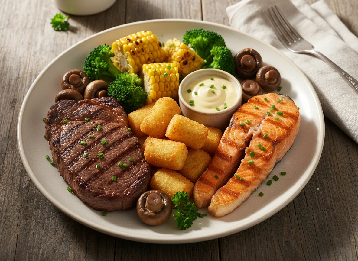 Gemischter Grillteller mit Beilagen photo