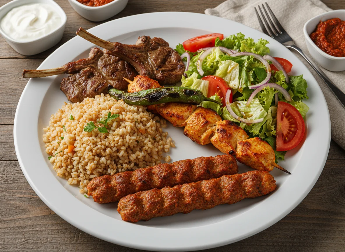 Gemischter Grillteller mit Bulgur und Salat photo