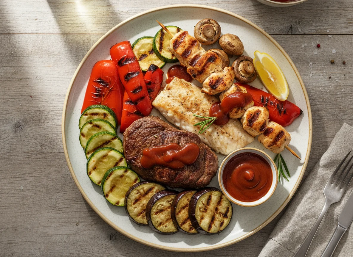 Gemischter Grillteller mit Gemüse photo