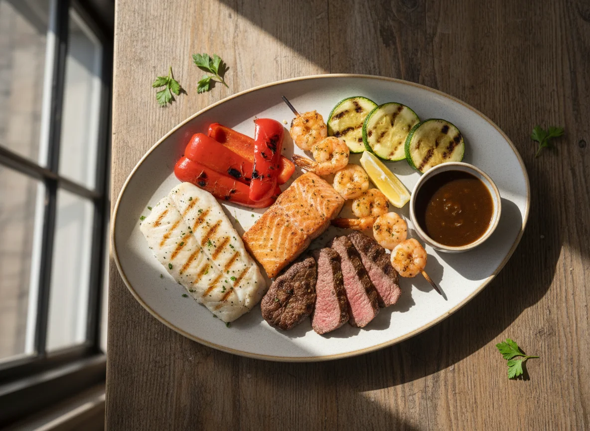 Gemischter Grillteller mit Gemüse und Sauce photo