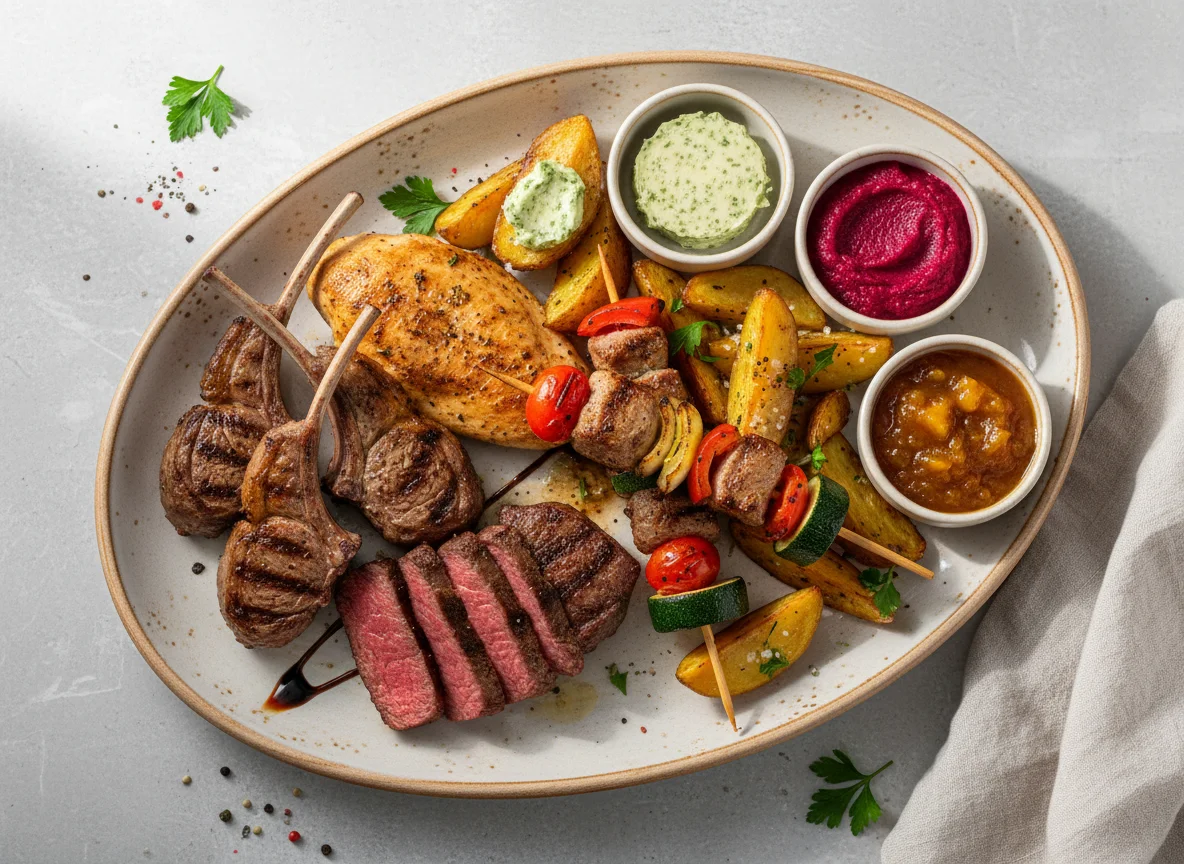 Gemischter Grillteller mit Kartoffeln und Saucen photo