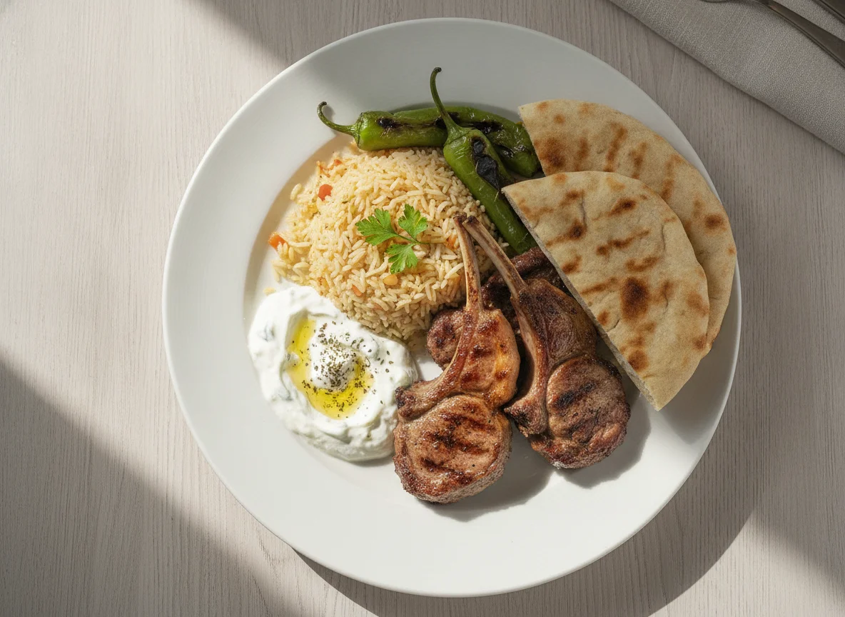 Gemischter Grillteller mit Reis und Fladenbrot photo