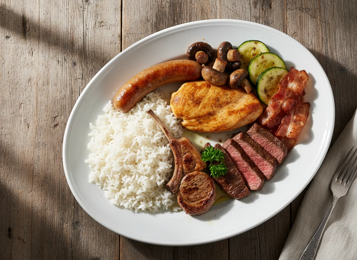 Gemischter Grillteller mit Reis und Gemüse photo