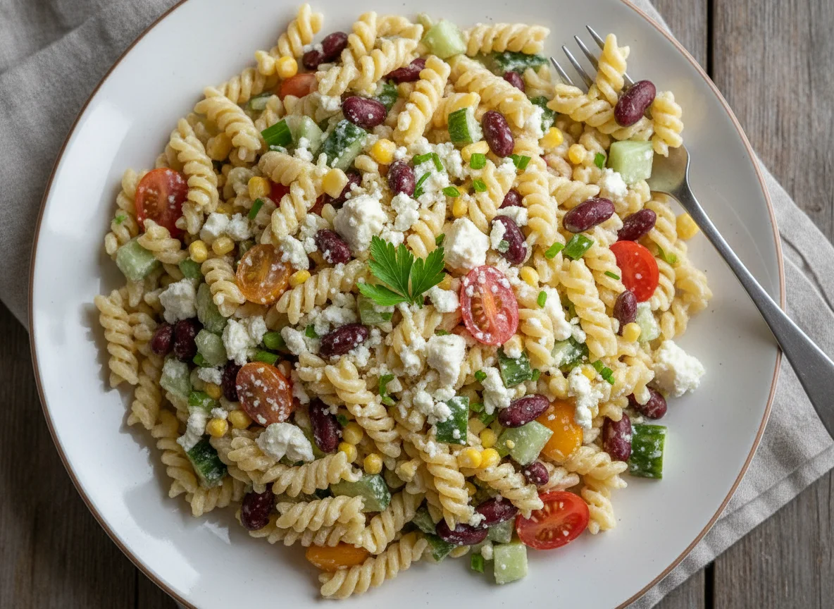 Gemischter Nudelsalat mit Feta und Gemüse photo