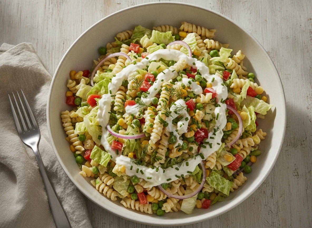 Gemischter Nudelsalat mit Joghurt-Dressing photo