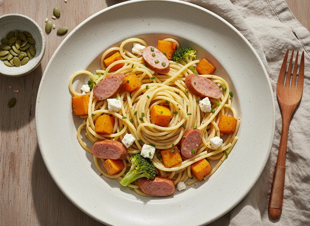 Gemischter Nudelsalat mit Wurst und Kürbis photo