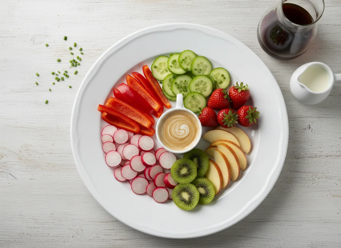 Gemischter Obst- und Gemüseteller mit Kaffee photo