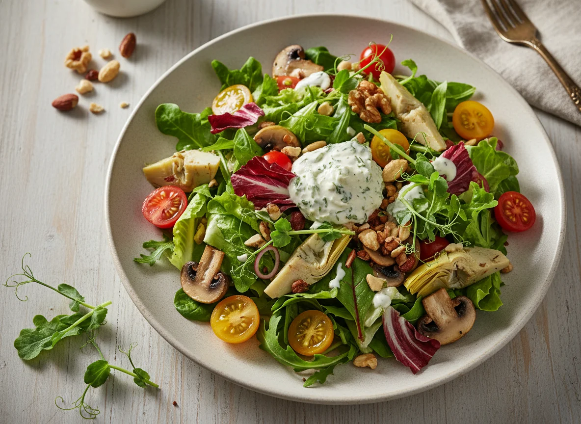 Gemischter Salat mit Artischocken, Pilzen, Tomaten und Nüssen photo