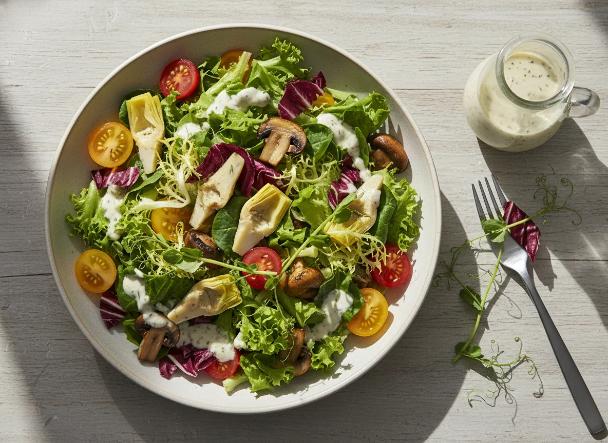 Gemischter Salat mit Artischocken, Pilzen und Dressing photo