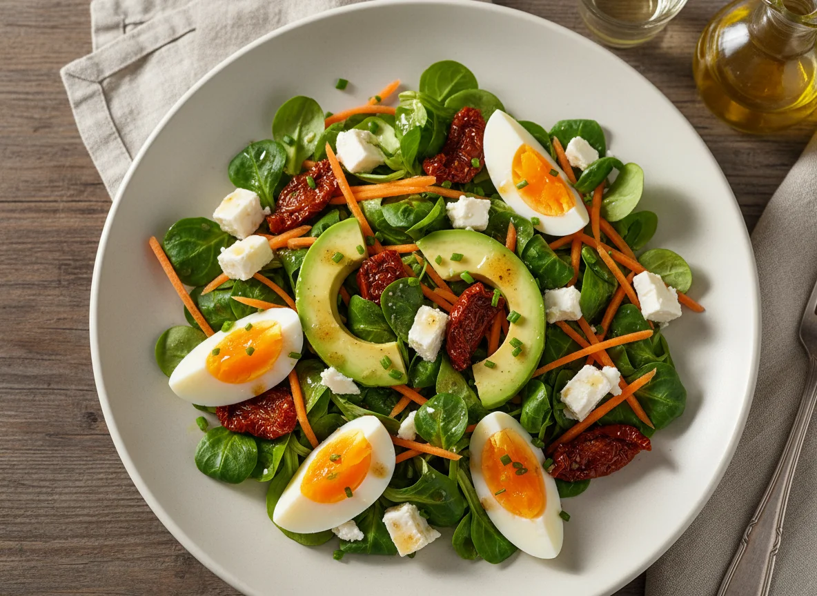 Gemischter Salat mit Avocado, Ei und getrockneten Tomaten photo