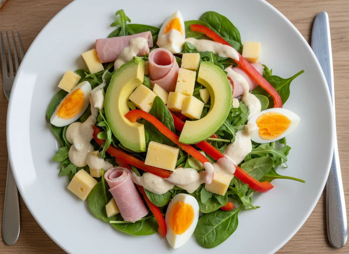 Gemischter Salat mit Avocado, Käse und Schinken photo