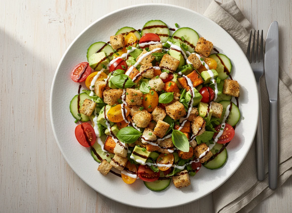 Gemischter Salat mit Avocado und Croutons photo