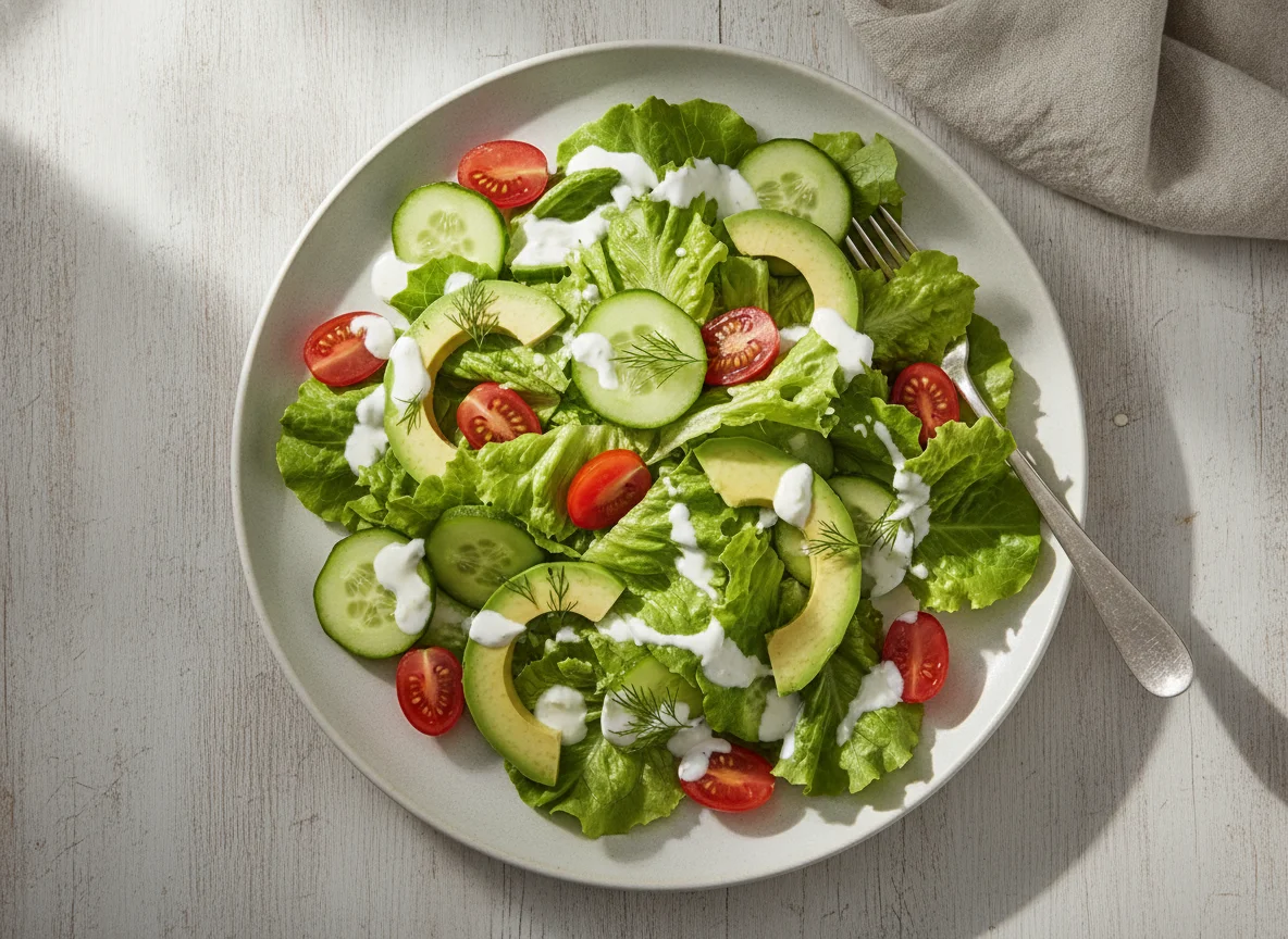 Gemischter Salat mit Avocado und Joghurt-Dressing photo