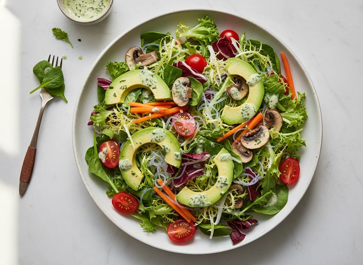 Gemischter Salat mit Avocado und Pilzen photo