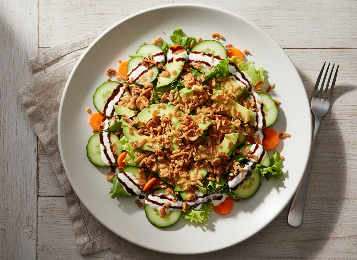 Gemischter Salat mit Avocado und Röstzwiebeln photo