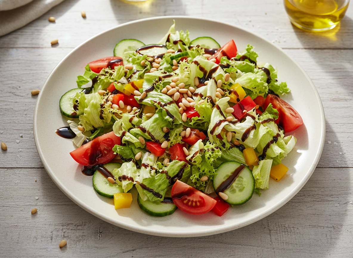 Gemischter Salat mit Balsamico und Pinienkernen photo